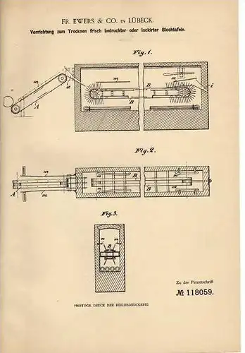 Original Patentschrift - F. Ewers & Co in Lübeck , 1899 ,Trockner für Lackierung  !!!