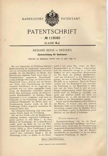 Original Patentschrift - R. Beese in Dresden , 1899 , Zündung für Gasbrenner , Brenner !!!