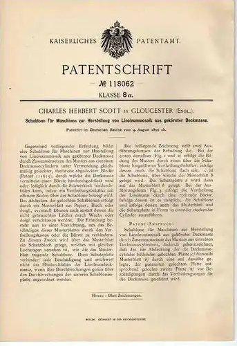 Original Patentschrift -  Linoleum Machine , 1899 ,C. Scott in Gloucester , England !!!