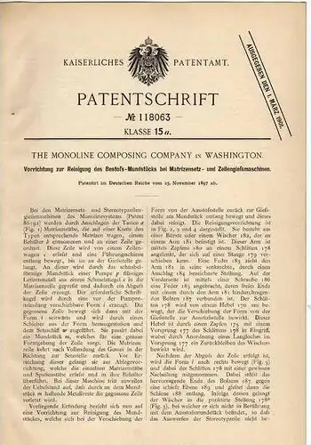 Original Patentschrift - The Monoline Comp. in Washington , 1897 , Setzmaschine , Setzerei , Druckerei !!!