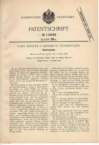 Original Patentschrift - C. Heinze in Kreibitz - Teichstadt , 1899 , Rotationspumpe !!!