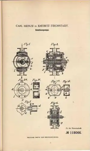 Original Patentschrift - C. Heinze in Kreibitz - Teichstadt , 1899 , Rotationspumpe !!!
