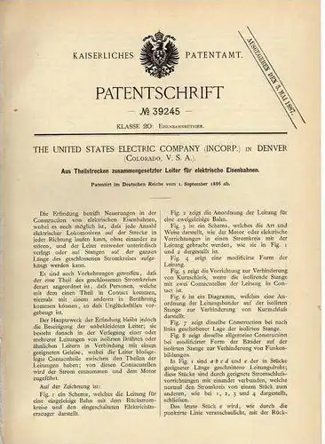 Original Patentschrift - elektrische Eisenbahn , 1886 , Electric Company in Denver , USA  !!!