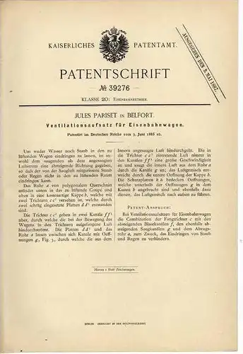 Original Patentschrift - J. Pariset in Belfort , 1886 , Ventilation für Eisenbahn !!!