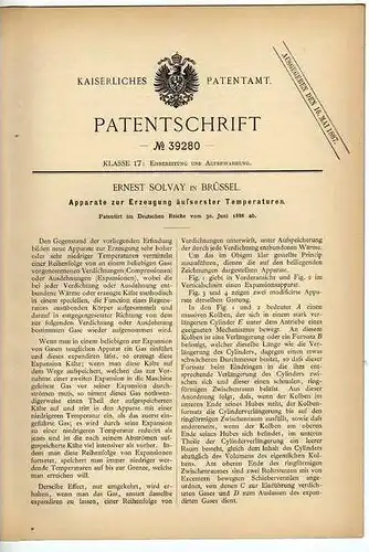 Original Patentschrift -  E. Solvay in Brüssel , 1886 , Apparat zum Heizen und Kühlen !!!