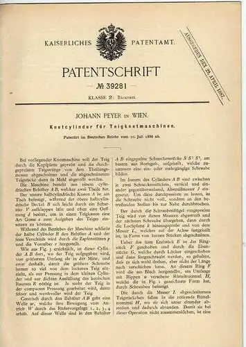 Original Patentschrift -  J. Peyer in Wien , 1886, Teigknetmaschine , Bäckerei , Bäcker !!!