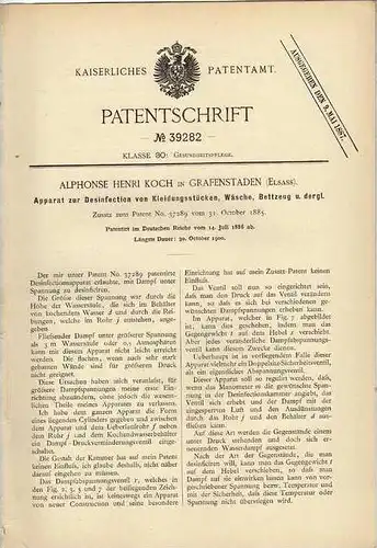 Original Patentschrift - A. Koch in Grafenstaden , Elsass , 1886 , Desinfectionsapparat , Illkirch - Graffenstaden !!!