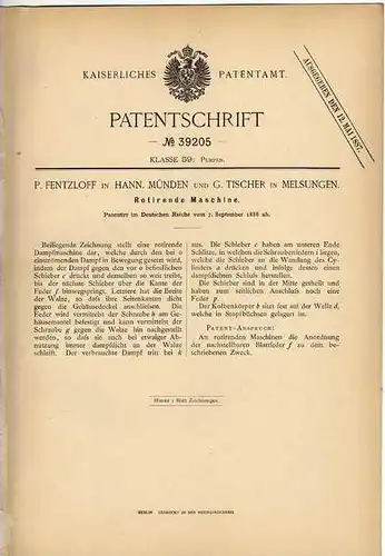 Original Patentschrift - G. Tischer in Hann. Münden und Melsungen , 1886 , Rotierende Maschine , Dampfmaschine !!!