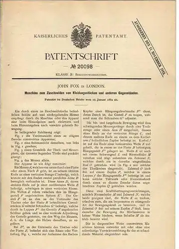 Original Patentschrift - Schneidemaschine für Kleidungsstücke , 1882 , J. Fox in London  !!!