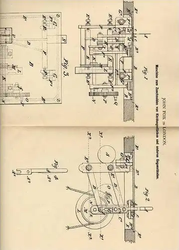 Original Patentschrift - Schneidemaschine für Kleidungsstücke , 1882 , J. Fox in London  !!!