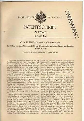 Original Patentschrift - Licht- und Wärmestrahlen für Gebäude und Schiffe , 1900, H. Hanneborg in Christiania !!!