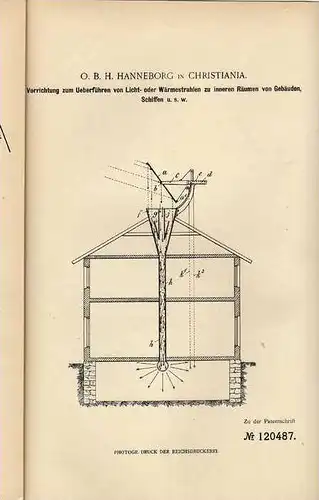 Original Patentschrift - Licht- und Wärmestrahlen für Gebäude und Schiffe , 1900, H. Hanneborg in Christiania !!!