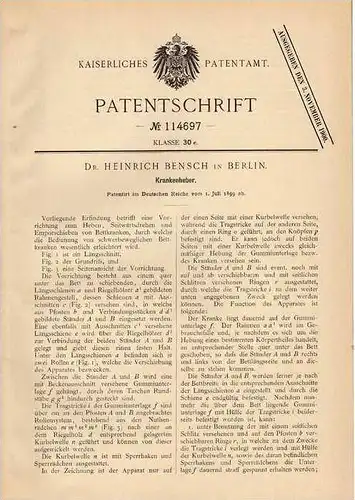 Original Patentschrift - Krankenheber , Arzt , Krankenhaus , 1899 , Dr.H. Bensch in Berlin !!!