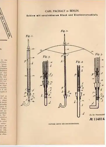 Original Patentschrift - Schirm mit ausziehbarem Stock, 1899 , C. Pachaly in Berlin !!!