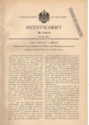 Original Patentschrift - Schirm mit ausziehbarem Stock, 1899 , C. Pachaly in Berlin !!!