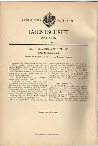 Original Patentschrift - Koffer für Kleider , 1899 ,Th. Rothmann in Würzburg !!!