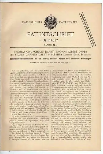 Original Patentschrift - Bodenbearbeitungsmaschine , Landwirtschaft , Agrar 1899 , Darby in Pleshey , Essex , England !!