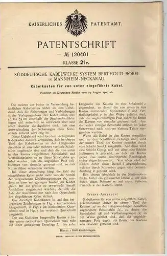 Original Patentschrift - Süddeutsche Kabelwerke in Mannheim - Neckarau ,1900, Kabelkasten , Stromkasten , Elektriker !!!