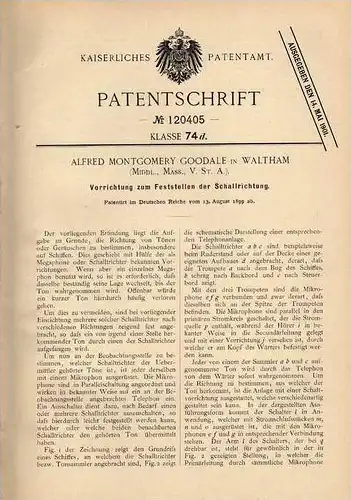 Original Patentschrift - A. Goodale in Waltham , Echolot , Schallempfänger für Schiffe , 1899 !!!