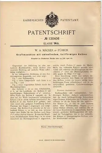 Original Patentschrift - W.A. Mäcker in Zürich , Kraftmaschine , 1900 , Motor  !!!