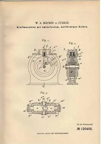 Original Patentschrift - W.A. Mäcker in Zürich , Kraftmaschine , 1900 , Motor  !!!