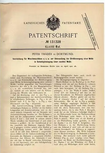Original Patentschrift - P. Thäder in Dortmund , Waschmaschine , 1901 , Wäscherei !!!