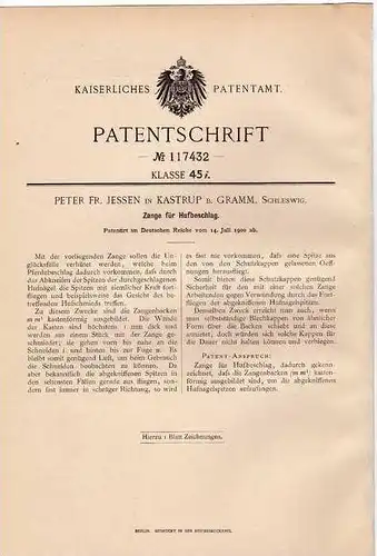 Original Patentschrift -  Fr. Jessen in Kastrup bei Gramm ,1900 , Hufeisen , Hufbeschlag , Schmied , Pferd !!!
