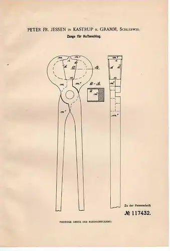 Original Patentschrift -  Fr. Jessen in Kastrup bei Gramm ,1900 , Hufeisen , Hufbeschlag , Schmied , Pferd !!!