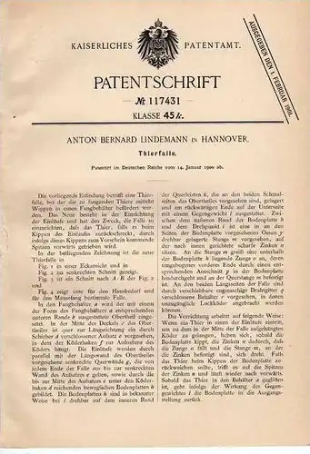 Original Patentschrift - B. Lindemann in Hannover ,1900, Tierfalle , Jagd , Jäger !!!