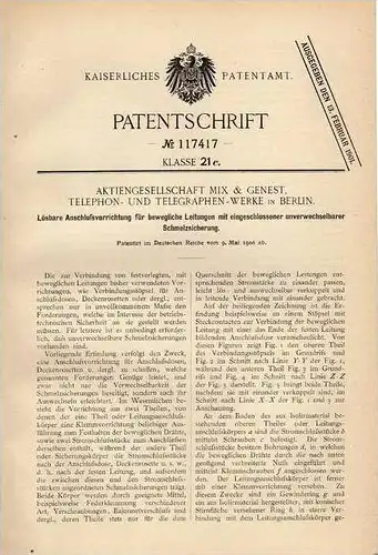 Original Patentschrift - Telephon und Telegraphenwerke in Berlin , Schmelzsicherung , 1900 , telegraphy !!!