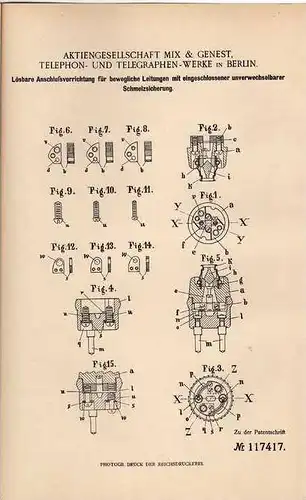 Original Patentschrift - Telephon und Telegraphenwerke in Berlin , Schmelzsicherung , 1900 , telegraphy !!!