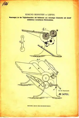 Original Patentschrift - Edmund Bernstein in Leipzig ,1880, Teigtheilmaschine mit Rollmesser , Bäckerei , Bäcker !!!!