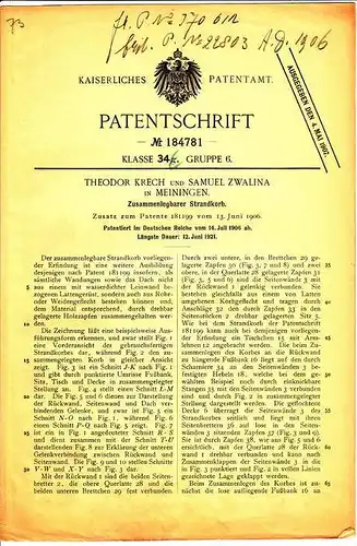 Original Patentschrift - Krech und Zwalina in Meiningen , Strandkorb , 1906 !!!