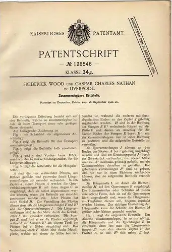 Original Patentschrift - F.Wood und C. Nathan in Liverpool , 1900, zusammenlegbares Bett !!!