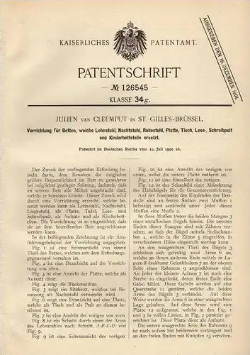 Original Patentschrift - J.van Cleemput in St. Gilles - Brüssel , 1900 ,  Bett- und Tisch Vorrichtung !!!