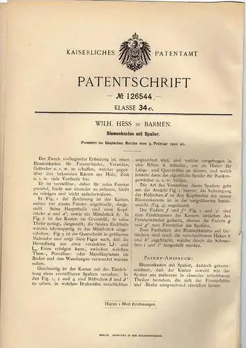 Original Patentschrift - Wilhelm Hess in Barmen , 1901 , Blumenkasten mit Spalier , Pflanzen , Blumen , Blumenladen !!!