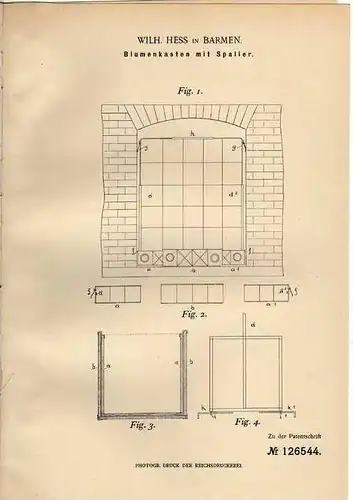 Original Patentschrift - Wilhelm Hess in Barmen , 1901 , Blumenkasten mit Spalier , Pflanzen , Blumen , Blumenladen !!!