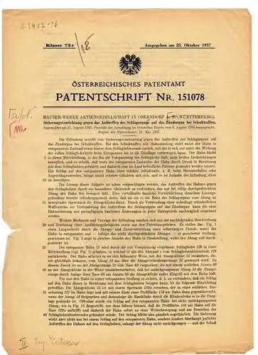 Original Patentschrift - Mauser Werke / Oberndorf 1937 , Pistole