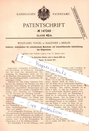 original Patent - Wolfgang Vogel in Halensee b. Berlin , 1902 , Indikator, insbesondere für schnellaufende Maschinen !!!