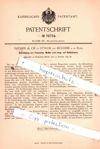 original Patent - Thyssen & Cie in Styrum bei Mühlheim a. d. Ruhr , 1893 , Maschinenelemente !!!