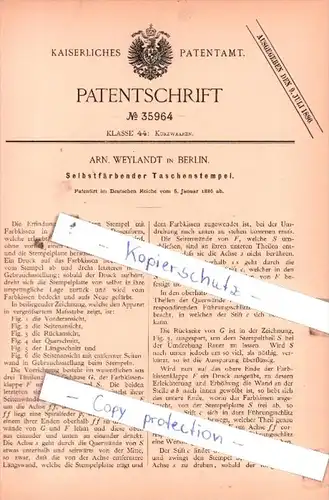 Original Patent  - Arn. Weylandt in Berlin , 1886 , Selbstfärbender Taschenstempel !!!