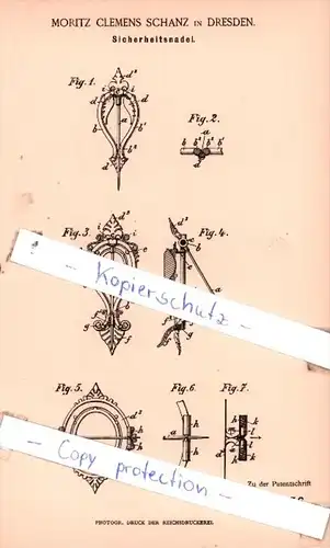 Original Patent  - Moritz Clemens Schanz in Dresden , 1885 , Sicherheitsnadel !!!