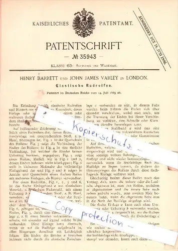 Original Patent  - H. Barrett und J. J. Valery in London , 1885 , Elastische Radreifen !!!