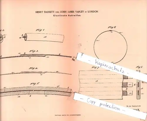 Original Patent  - H. Barrett und J. J. Valery in London , 1885 , Elastische Radreifen !!!