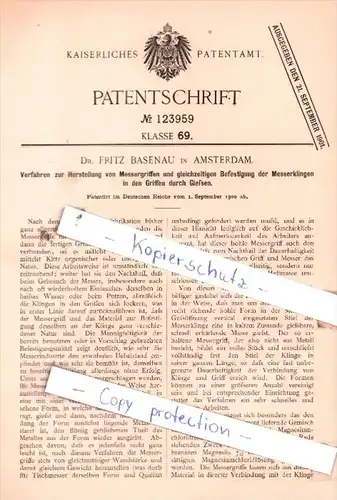Original Patent  - Dr. Fritz Basenau in Amsterdam , 1900 , Herstellung von Messergriffen !!!