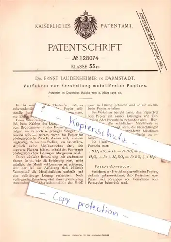 Original Patent  - Dr. Ernst Laudenheimer in Darmstadt  , 1901 , Herstellung metallfreien Papiers !!!