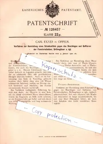 Original Patent  - C. Exner in Oppeln , 1901 , Schutzmittels gegen Gefrieren der Fensterscheiben !!!