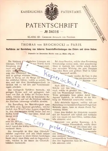 Original Patent  - Thomas von Brochocki in Paris , 1885 , Darstellung von Sauerstoffverbindungen !!!