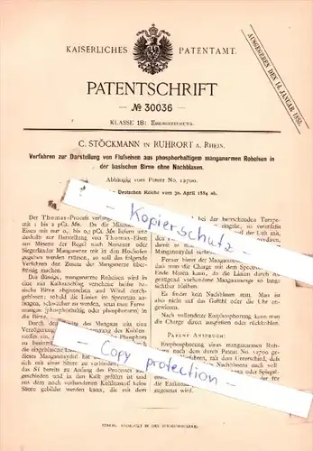 Original Patent  - C. Stöckmann in Ruhrort a. Rhein , 1884 , Darstellung von Flußeisen !!!