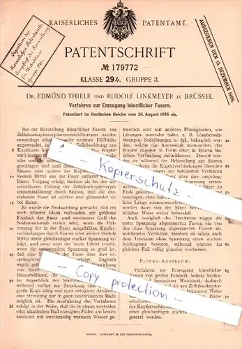 Original Patent  - Dr. E. Thiele und R. Linkmeyer in Brüssel , 1905 , Erzeugung künstlicher Fasern !!!